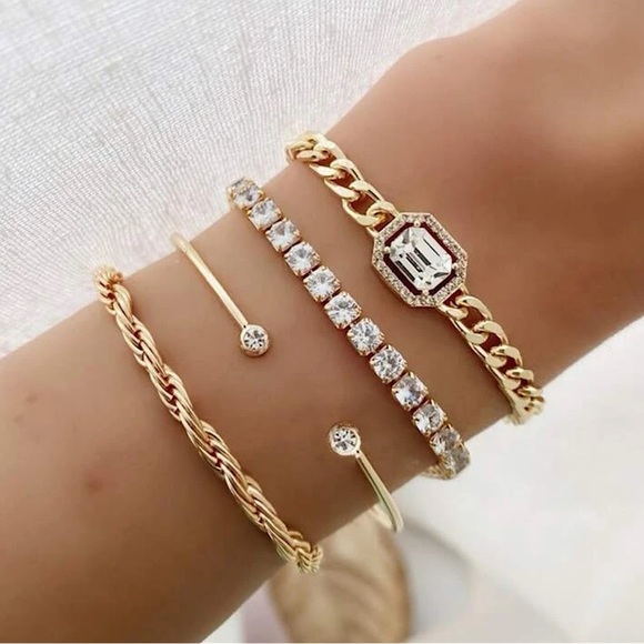 NEW Glamorous Gold Plated Rhinestone Bracelets - 4 Pieces - Picture 5 of 5